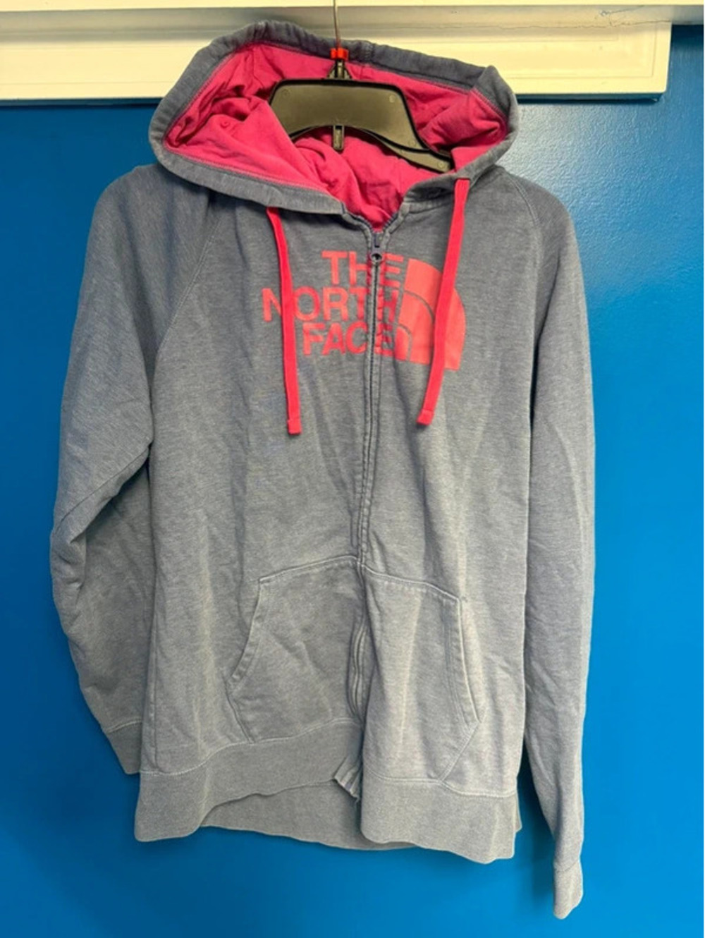 The North Face Womens XL Blue Pink Logo Full Zip Hoodie Sweatshirt